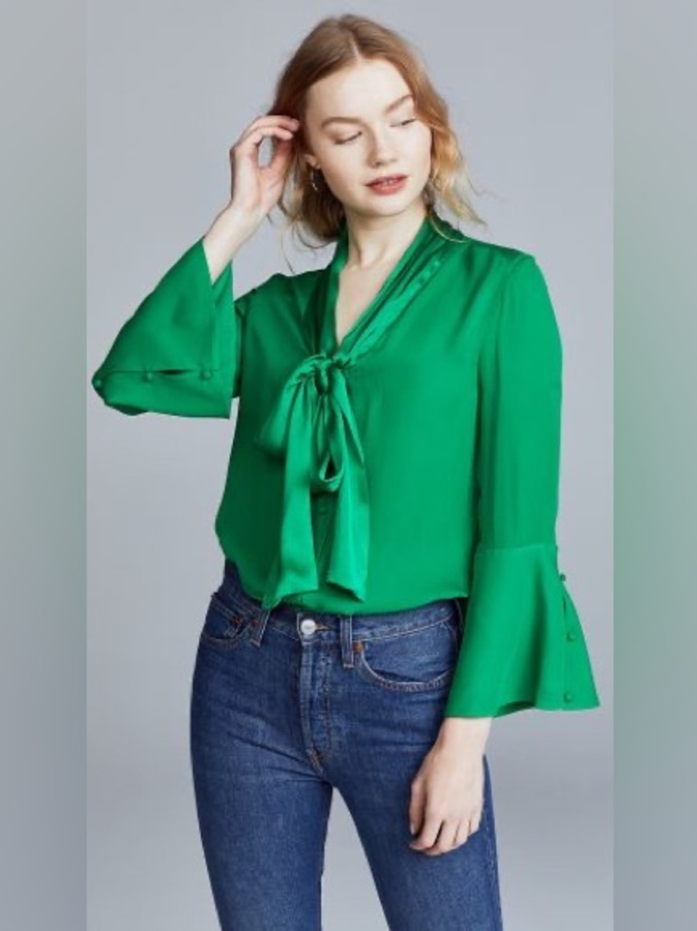 ALICE & OLIVIA Meredith Blouse Kelly Green Size Small 100% Silk Neck Tie Light